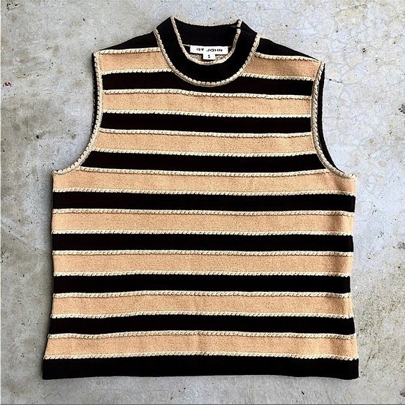 St. John Knit Top Mock Neck Sleeveless Tank Metallic Striped Brown S - Picture 1 of 4